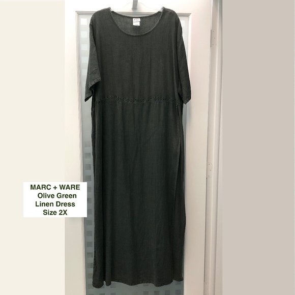 🎉2HP🎉 MARC+WARE Woman 100% Linen A-Line Maxi Dress Olive Green Vintage Plus 2X - Picture 1 of 11